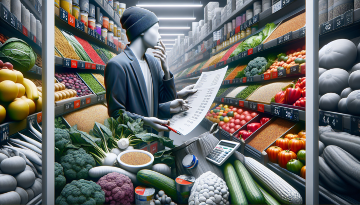 A shopper in a supermarket comparing prices of vegetables and grains, focused on budget-friendly shopping.