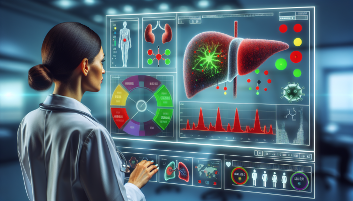 A doctor analysing liver blood test results on a digital screen in a modern medical office.