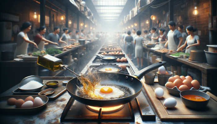 Non-stick pan sizzling with olive oil on medium-high heat, ready to fry eggs in a bustling kitchen.