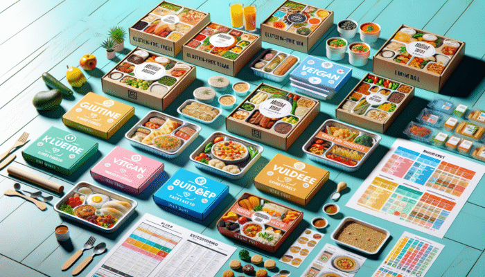 Varied meal kits on a kitchen counter, showcasing gluten-free, vegan, and meat options with budget labels.