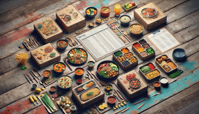 Various meal kits on a rustic table, showcasing Italian, Asian, and vegan options with price tags.
