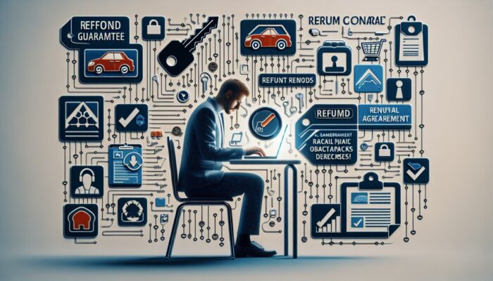 Individual comparing car rental services online with rental agreements, keys, refund badges, and a checklist.