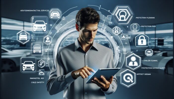 Individual in rental office assessing additional services like GPS, insurance, and child seats on a tablet, surrounded by logos.