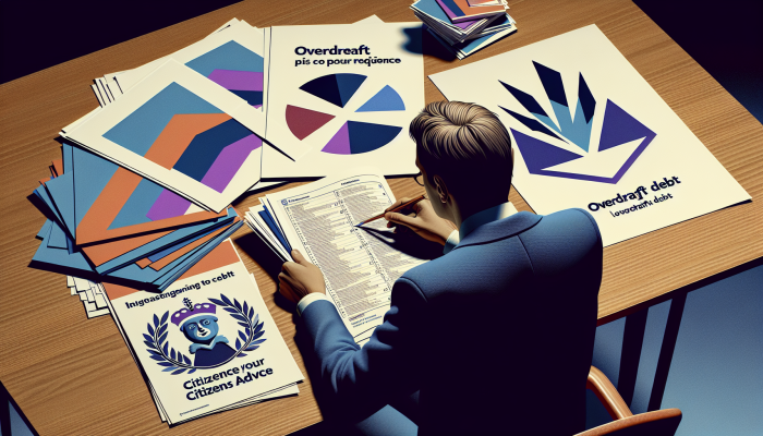 Debt Consolidation Loans for Overdraft Debt: Your UK Solution | DCL Individual reviewing financial documents and budgets alongside UK financial advice pamphlets and Citizens Advice logo.