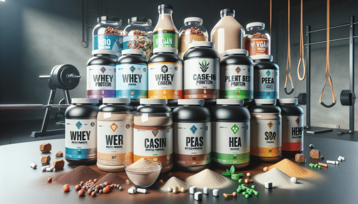 Variety of protein powders displayed on a table: includes whey, casein, plant-based options, and symbols representing veganism.