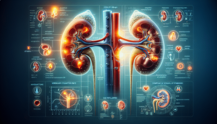 Illustration of kidneys showing health markers like GFR, creatinine, urine protein, and symptoms such as fatigue, leg swelling, and changes in urination.