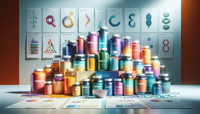 An array of specialty supplement bottles, including probiotics, omega-3, and protein powders, presented on a health-centric backdrop.