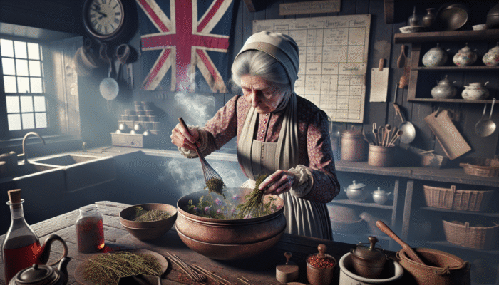An elderly woman steeping herbs in a heatproof bowl, steam rising, in a rustic UK kitchen with traditional tools.