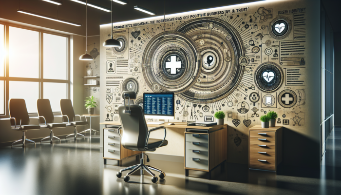 A modern office with a computer displaying a health directory, medical equipment, and customer reviews enhancing visibility and trust.