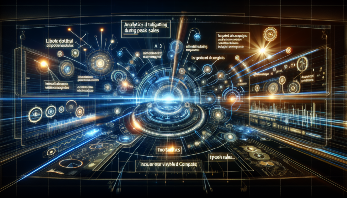 Futuristic interface of Bing Places for Business with Bing Ads, displaying analytics and targeted campaigns during peak sales.