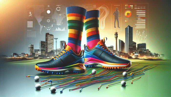 Vibrant golf shoes with colourful socks and distinctive laces, set against a South African cityscape.