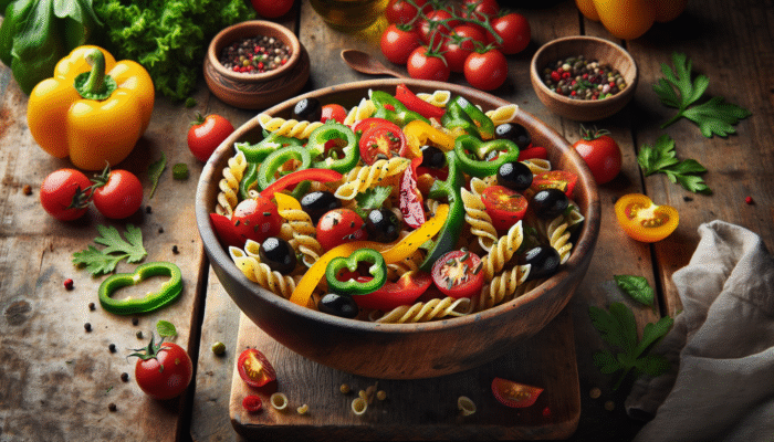 Best Potluck Dishes That Travel Well: A vibrant pasta salad featuring bell peppers, tomatoes, olives, and vinaigrette on a rustic table.