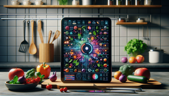 A modern kitchen with an AI tablet showcasing diverse recipes, surrounded by fresh ingredients and utensils.