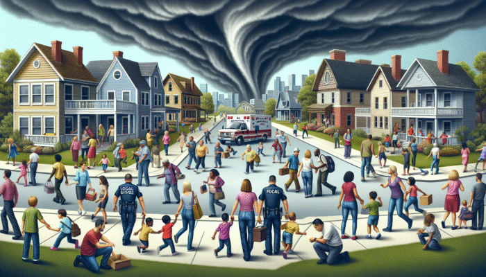 Community conducting tornado drills with residents, emergency services, schools, and centers under a stormy sky.