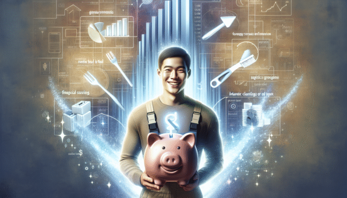 Person smiling with rented tool, cleared house items, piggy bank, and savings chart showcasing financial savings.