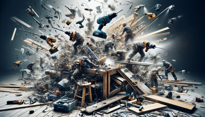 A workbench equipped with power tools like drills, saws, and sanders utilized for efficient house clearance.