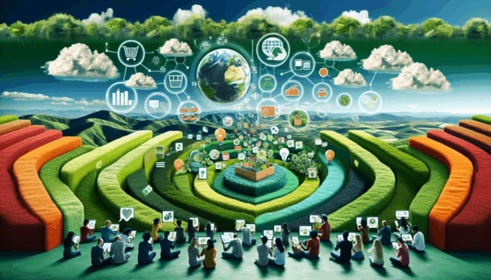 Infographic illustrating sustainable living trends, zero-waste tips, and eco-friendly product reviews, showcasing diverse consumers engaged with digital devices.
