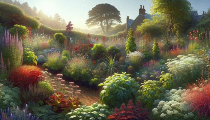 A UK herb garden illustrating herbs thriving or wilting under varying sunlight levels.