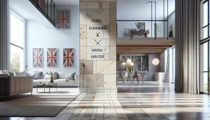 Elegant UK home interior showcasing durable travertine tiles that provide thermal comfort and timeless beauty.