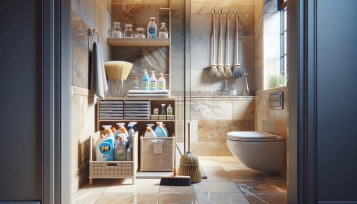 UK bathroom featuring travertine tiles and suitable cleaning supplies for natural stone maintenance.