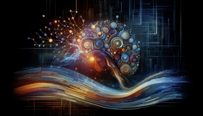 Creating Content for AI-Powered Q&A Platforms: Abstract digital art showing neural networks and data streams, symbolising NLP and ML in AI Q&A systems.