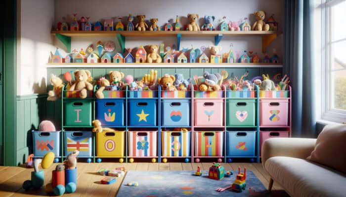 Colourful labels with images and words on toy bins, guiding children to organise stuffed animals in a UK home.