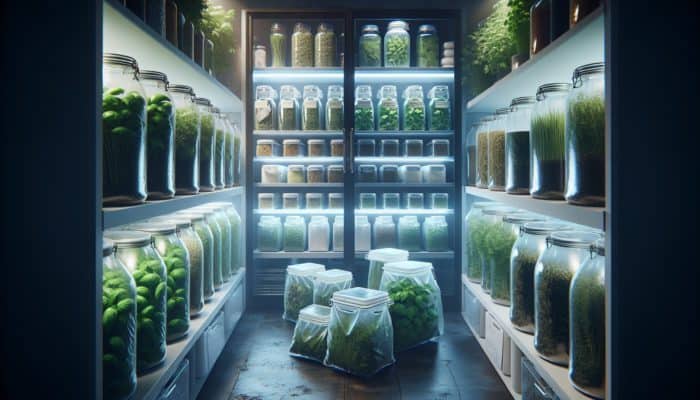 Fresh herbs in glass jars, vacuum-sealed bags, and freezer containers stored in a cool, dark pantry.