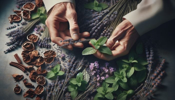 Hands inspecting and removing damaged lavender and mint leaves for drying, ensuring quality and potency.