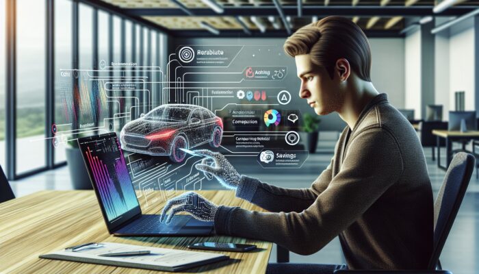 Individual comparing car rental prices on a laptop with charts and graphs in a modern office.