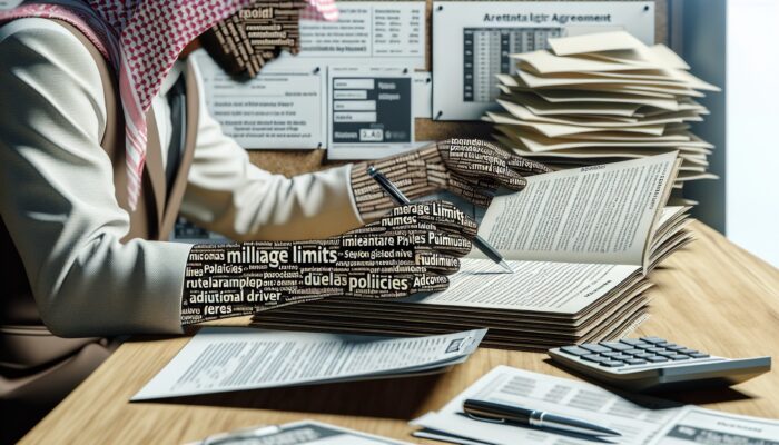 Individual analysing rental agreement, focusing on mileage, fuel policies, and fees, with a calculator and brochures.