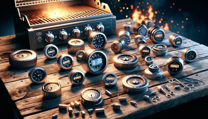 An assortment of grill timers displayed on a wooden table: mechanical timers with dials, digital timers featuring countdown capabilities and magnetic backs, next to a lit barbecue grill.
