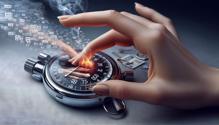 A hand adjusting the settings on a digital timer, with a stopwatch showing 10 minutes, set against a grilling scene with smoke and meat.