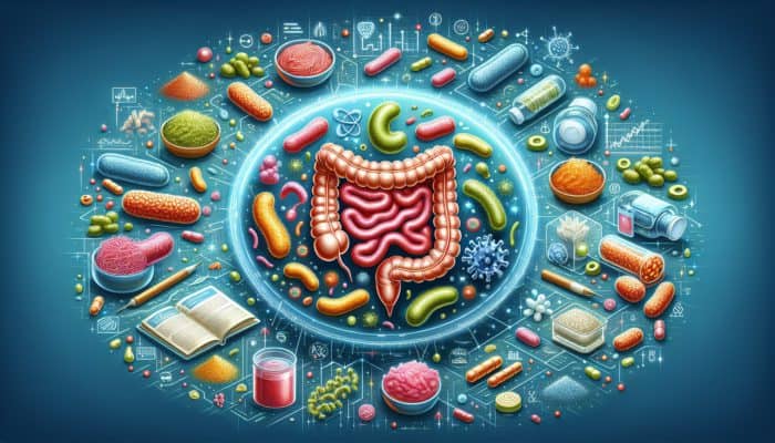 Illustration of Lactobacillus and Bifidobacterium in a healthy gut, along with symbols of digestion, immunity, and overall well-being, complemented by images of fermented foods and supplements.