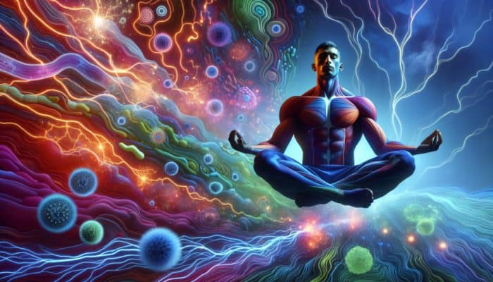 Athlete meditating in an abstract gut microbiome landscape, symbolising mental clarity via probiotics.