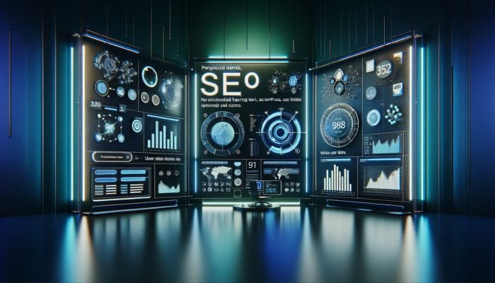 A futuristic SEO dashboard showcasing personalised search results, vibrant graphs, and neon blue and green accents.