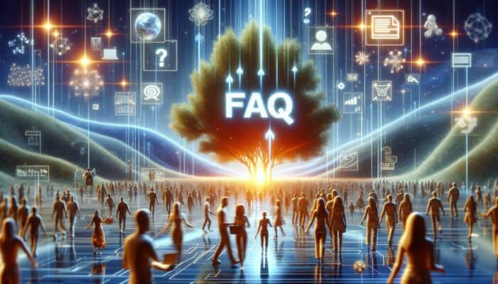 Utilising FAQs in Hosting Content Marketing: A vibrant FAQ section on a digital platform, surrounded by happy, diverse website visitors.