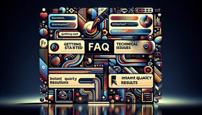 A user-friendly FAQ page displayed on a computer screen featuring sections such as "Getting Started," "Technical Issues," and "Billing Questions," alongside a search bar.