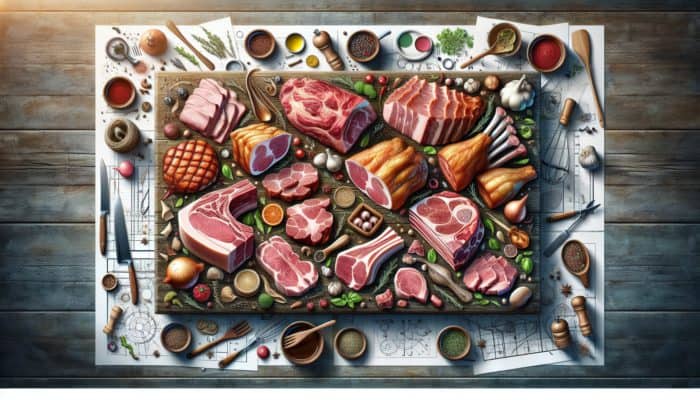 An array of labelled pork cuts on a rustic kitchen table, surrounded by cooking utensils and herbs.