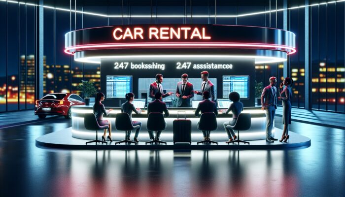 Contemporary car rental office at night illuminated with neon signs, with experts discussing online bookings at a 24/7 assistance desk.