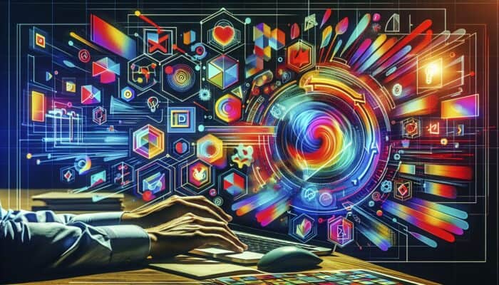 Person customizing ad template on Canva using laptop, surrounded by colorful design tools.