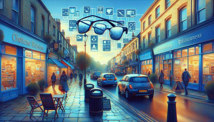A vibrant Yeovil street filled with various businesses, showcasing SEO-optimised signage and digital displays for local services.