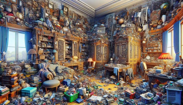 A cluttered home with large furniture and collections, needing strategic decluttering attention.