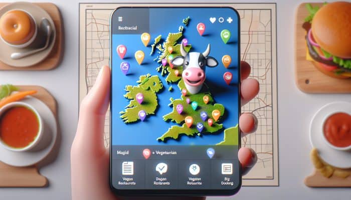 Apps for Plant-Based Diets: A colourful map of the UK with vegan restaurant icons and a smiling cow mascot on a mobile app.