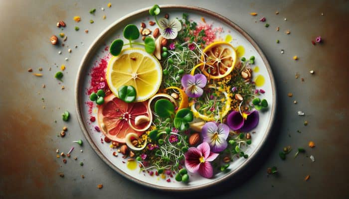 A vibrant small plate with microgreens, citrus zest, edible flowers, and crushed nuts as garnish.