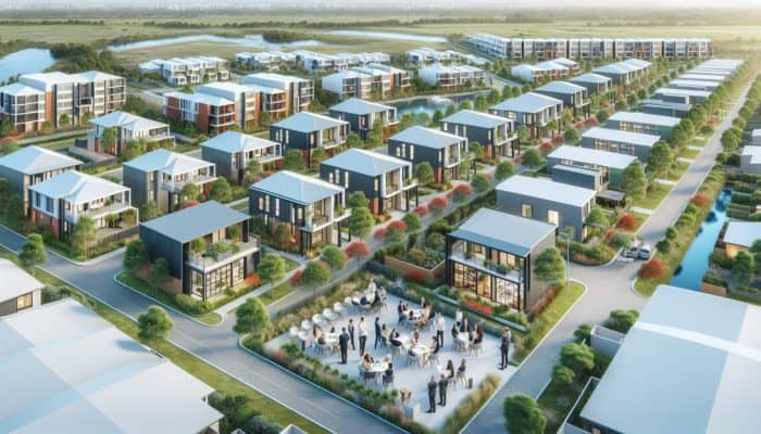 Aerial view of Thohoyandou's mid-level properties with expert panels discussing market trends surrounded by lush greenery.