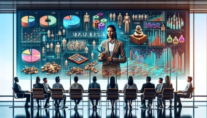 Local economist analysing economic data on screen, with graphs and charts, in a modern conference room with a diverse group.