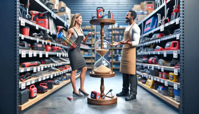 An individual negotiating tool rental discounts in a hardware store, surrounded by an array of tools, with a calendar and price comparison chart.