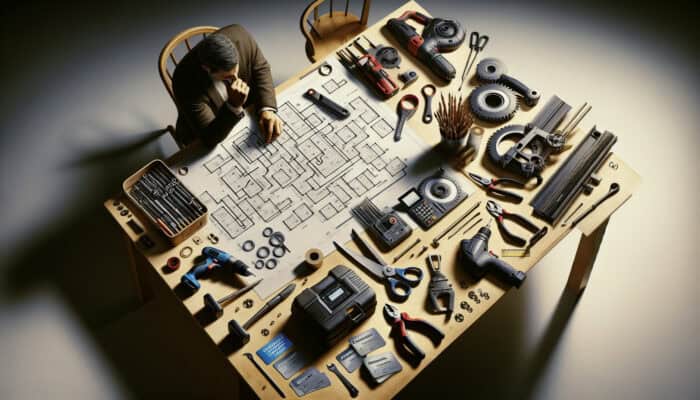 A person planning their tool rental savings, surrounded by tools, coupons, and loyalty cards on a desk.