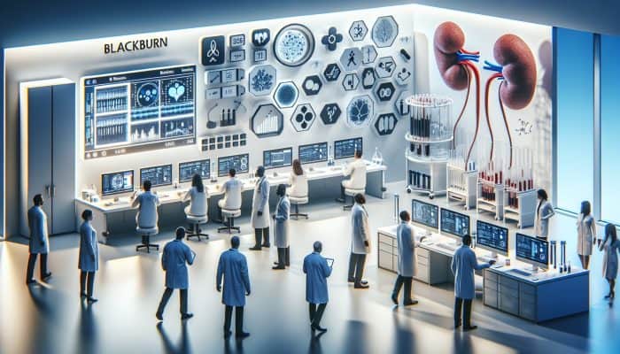 Modern Blackburn lab equipped with advanced technology for precise, less invasive kidney blood tests, focusing on biomarker research.