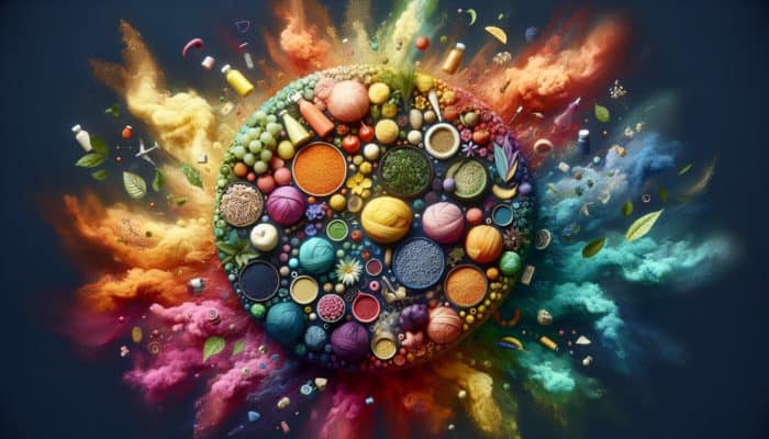 A vibrant palette of vegan dyes from plants, minerals, and synthetics, used in eco-friendly fashion, textiles, and cosmetics.